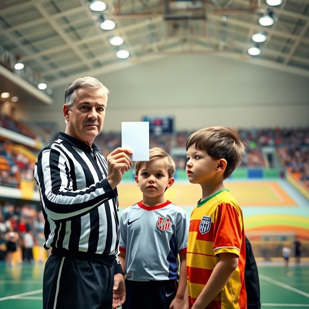 A realistic image of a referee showing a white card to a young child who is a futsal player in a sports hall