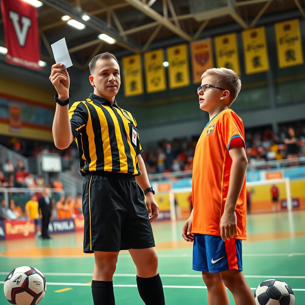 A realistic image of a referee showing a white card to a young futsal player in a sports hall