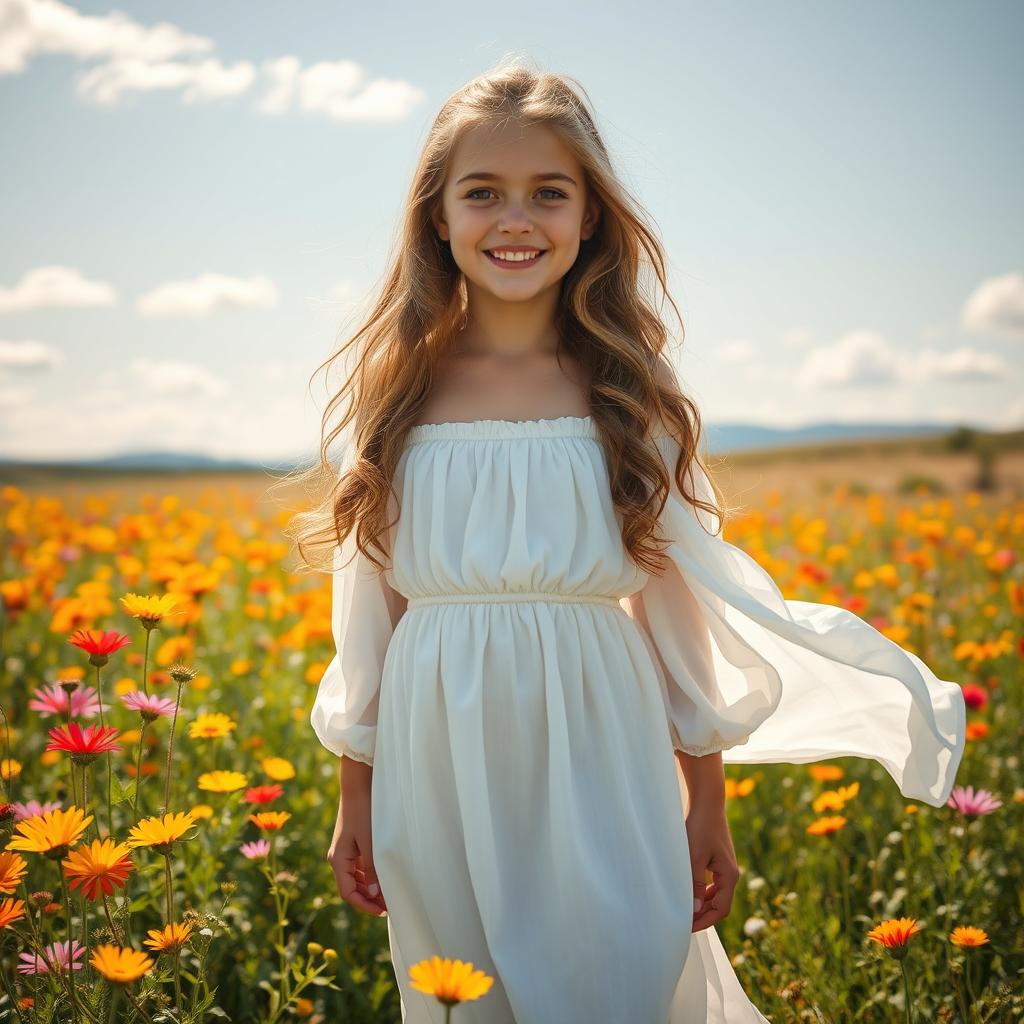 A stunningly beautiful girl wearing a flowing white dress, standing in a sunlit meadow filled with vibrant wildflowers