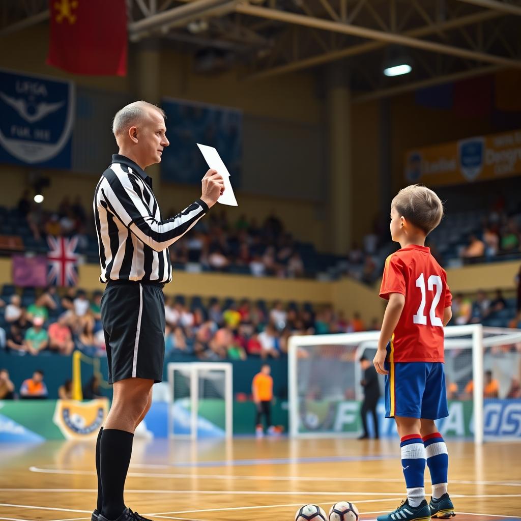 A realistic depiction of a sports referee showing a white card to a young futsal player in a sports hall