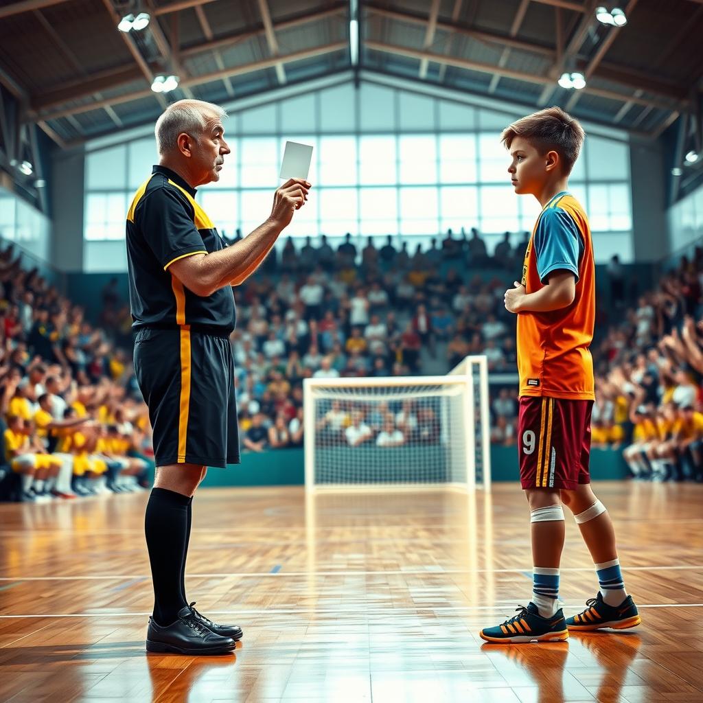 A realistic scene depicting a referee in a sports hall showing a white card to a young player during a futsal game