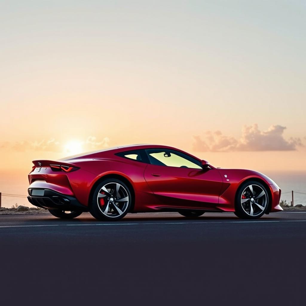 A sleek, modern sports car in a vibrant red color, parked on a coastal road with stunning ocean views in the background