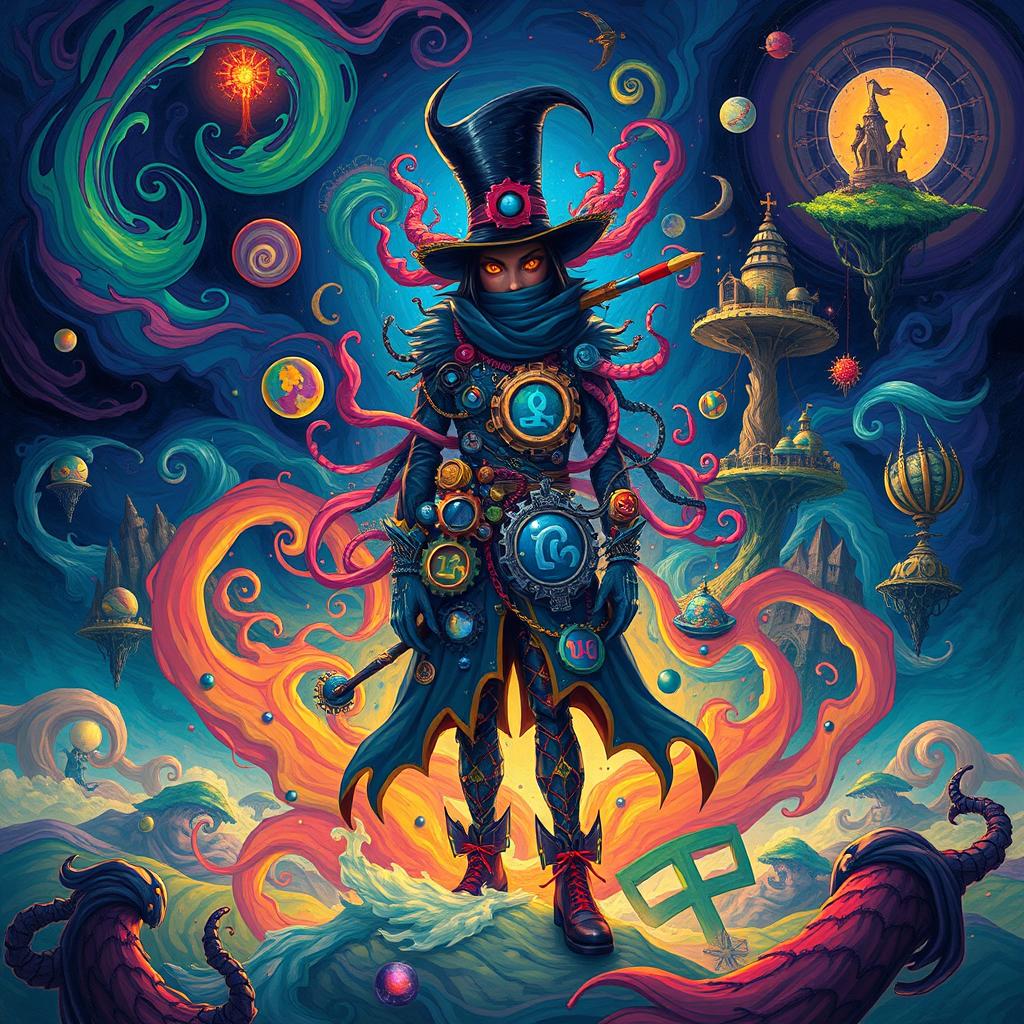 A mysterious and imaginative figure known as the Dangerous Imagineer, surrounded by swirling patterns of vibrant colors and abstract shapes, showcasing their creativity and artistic flair