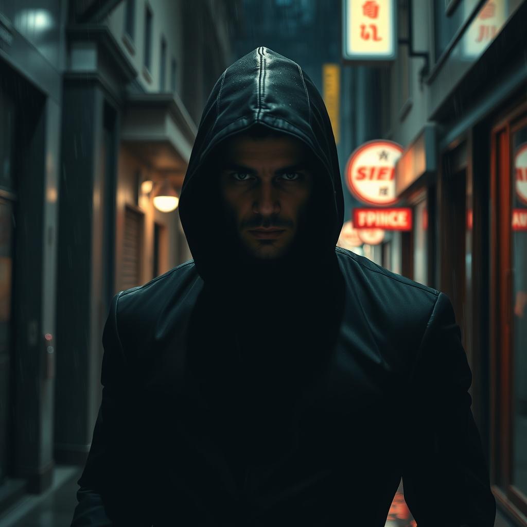 A mysterious figure dressed in a sleek all-black outfit, expertly blending into the shadows of an urban environment at night