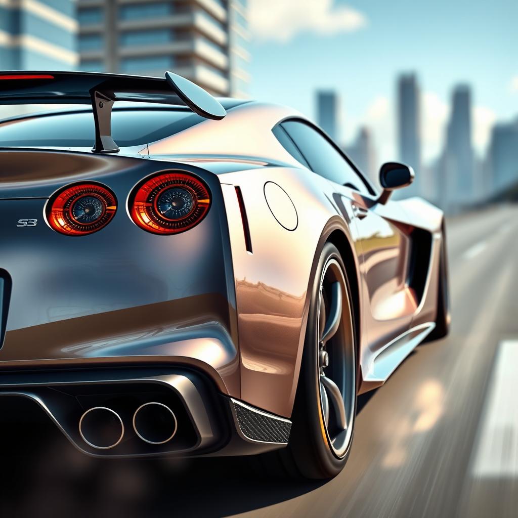 A realistic depiction of the rear end of a sleek and modern sports car, showcasing its aerodynamic lines and stylish design elements
