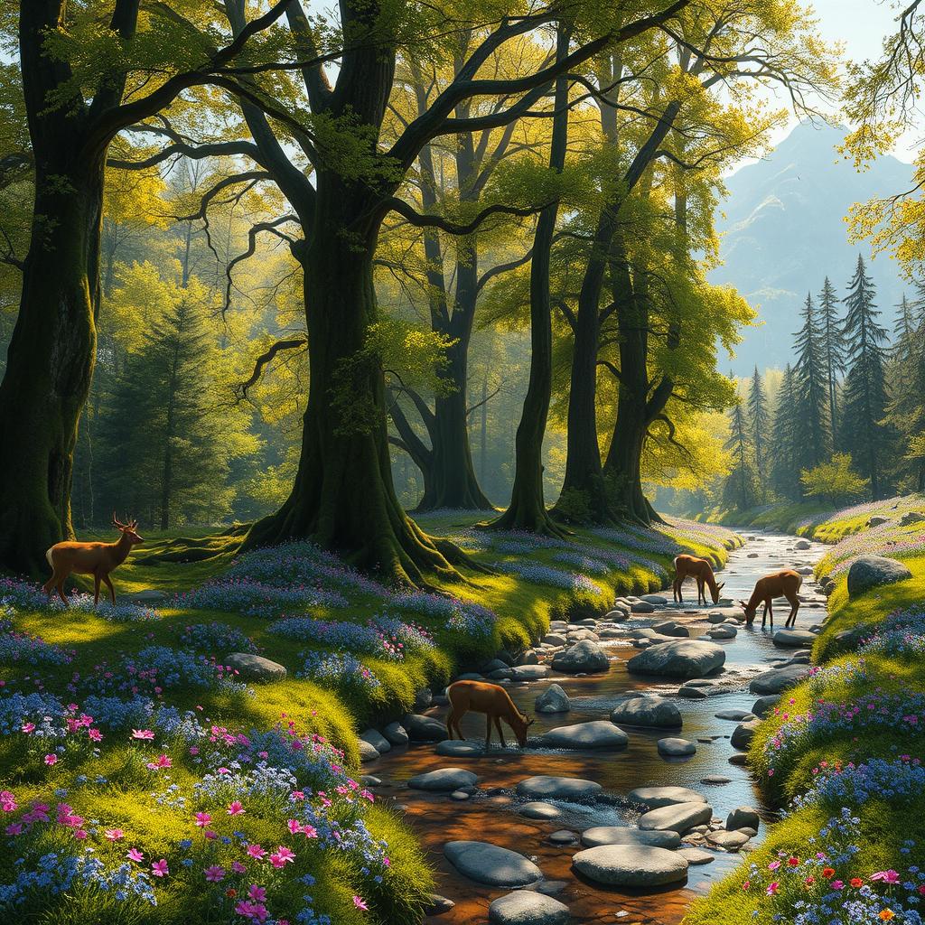 A mystical forest with towering ancient trees, their leaves shimmering in various shades of green and gold, casting dappled sunlight onto a soft, mossy floor