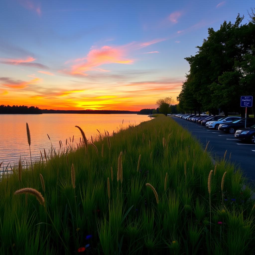 a serene landscape featuring a beautiful sunset over a calm lake, with vivid orange and purple hues reflecting on the water's surface