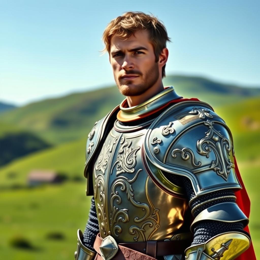 A medieval knight standing proudly on green plains, wearing intricately designed armor that gleams in the sunlight