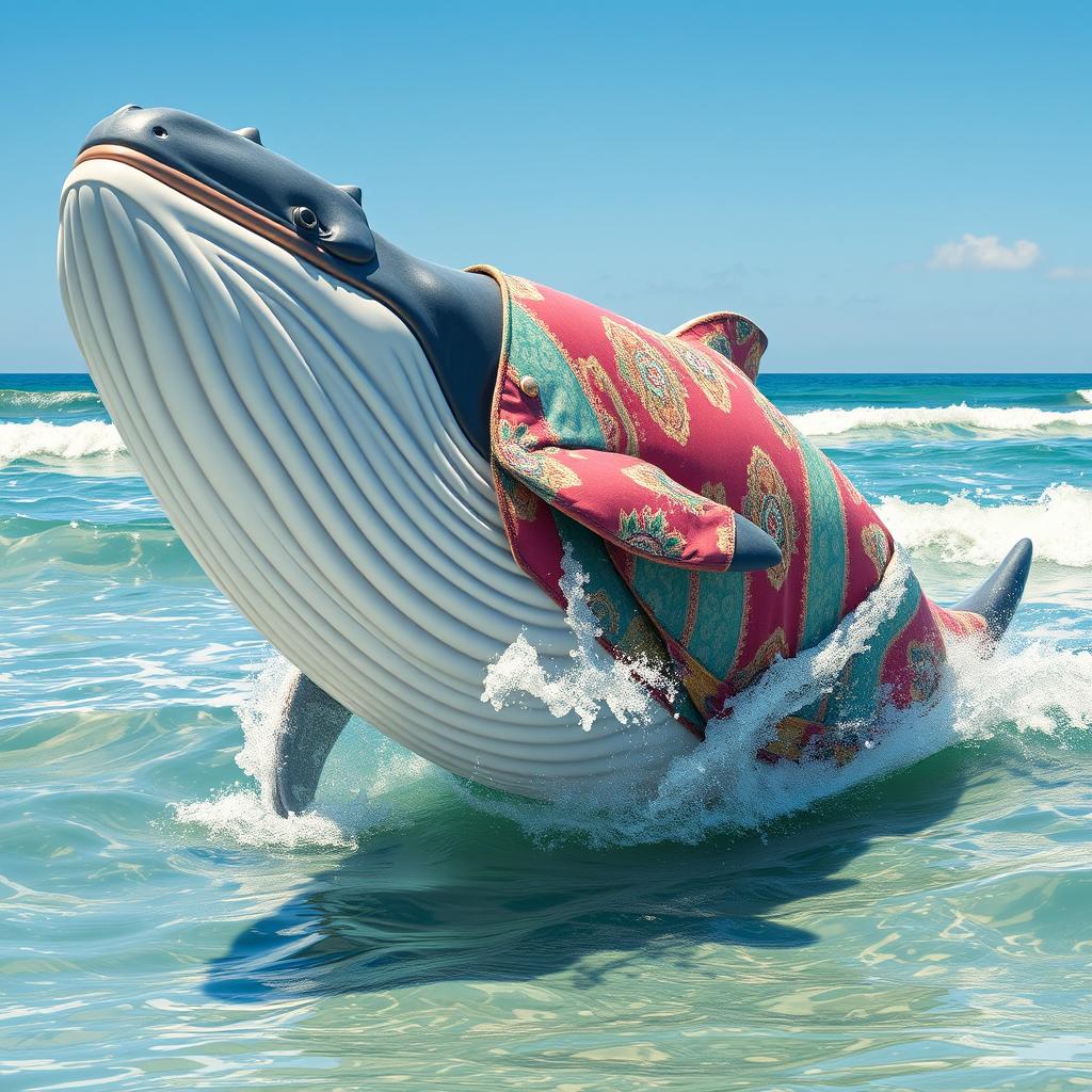 A whimsical and surreal image of a large, friendly whale wearing a stylish woman's jacket