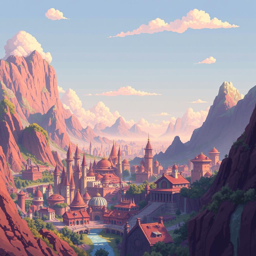 An infinite warm cityscape that is slightly fantastical and futuristic, themed around slimes, featuring mountainous elements and a clear sky