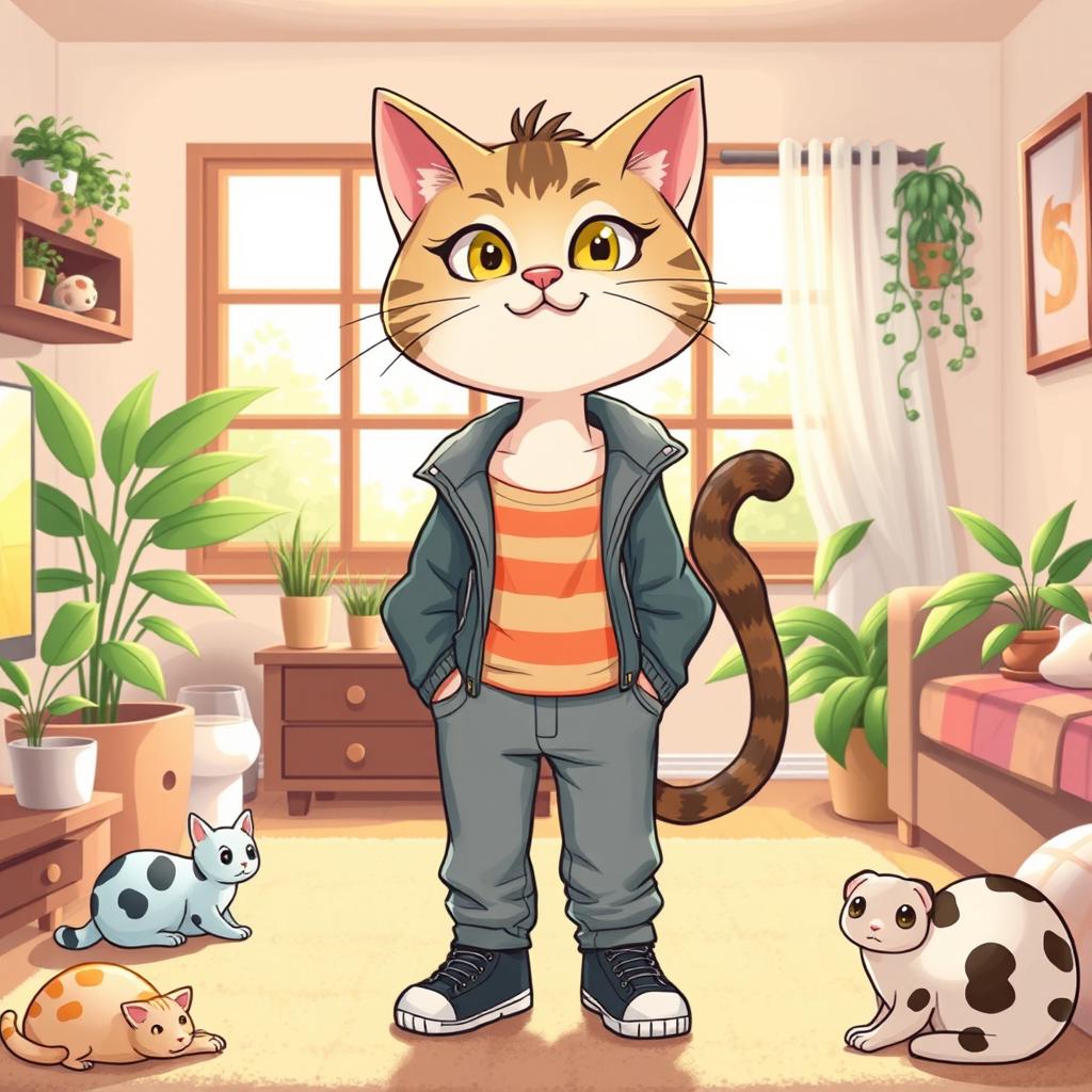 A whimsical illustration of a cat transformed into a human, standing upright with feline features