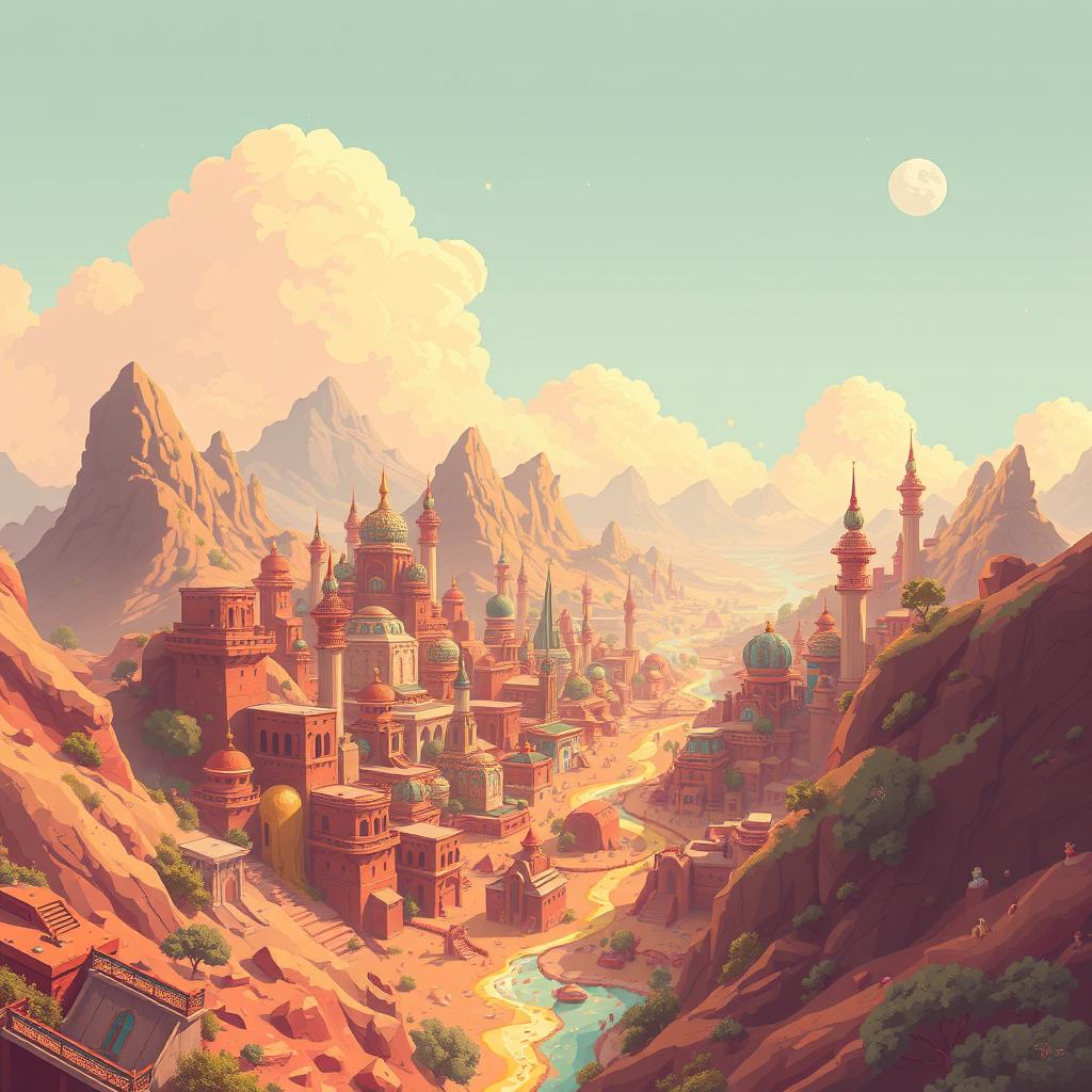 An infinite warm cityscape that is slightly fantastical and futuristic, featuring elements of slime, mountainous regions, and a clear sky