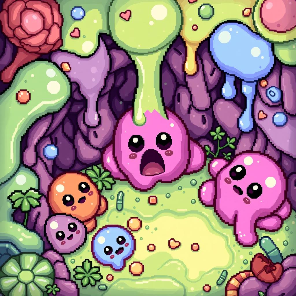 Adorable slime-themed pixel art, crafted in a 32x32 pixel style