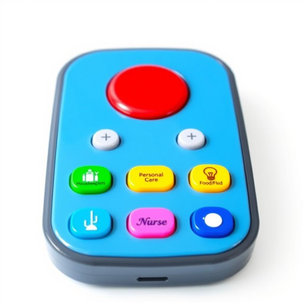 A nursing call bell designed to resemble a modern remote control, featuring a big red emergency button prominently displayed at the top, along with six smaller buttons below it