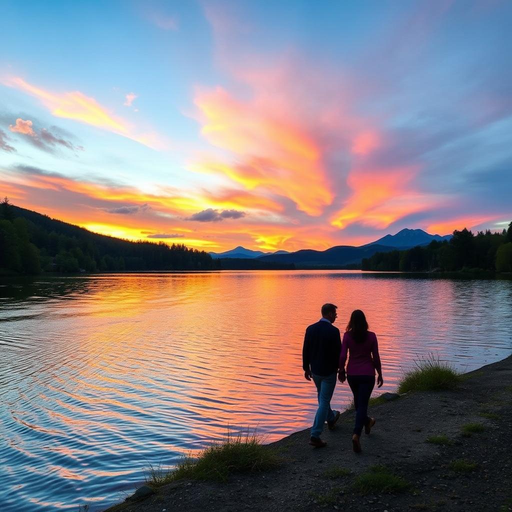 Transform a photo of a peaceful natural landscape featuring a sunset over a serene lake surrounded by lush green trees and distant mountains