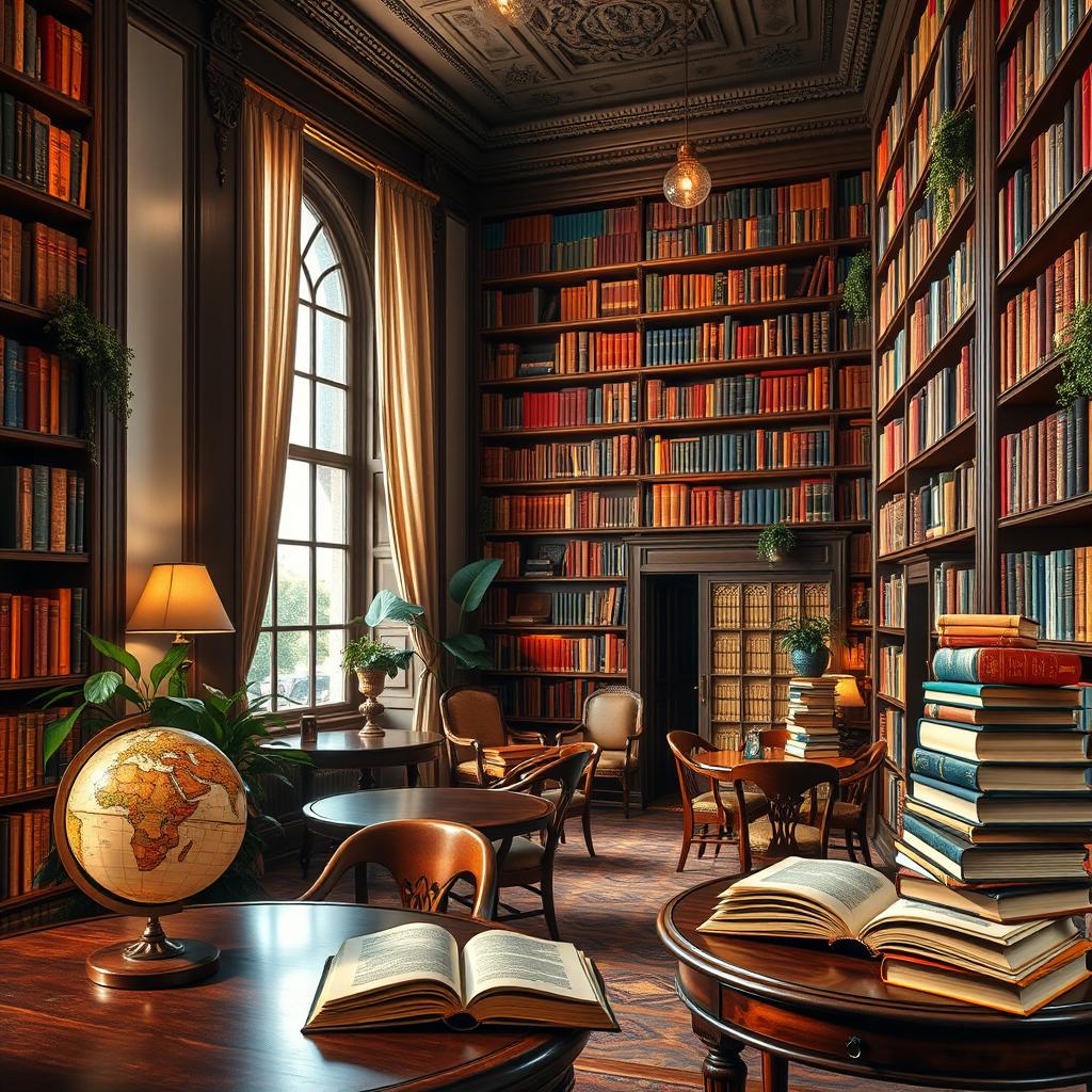 A cozy and elegant library filled with towering bookshelves stacked with colorful books, wooden tables and classic reading chairs, soft golden lighting creating a warm ambiance
