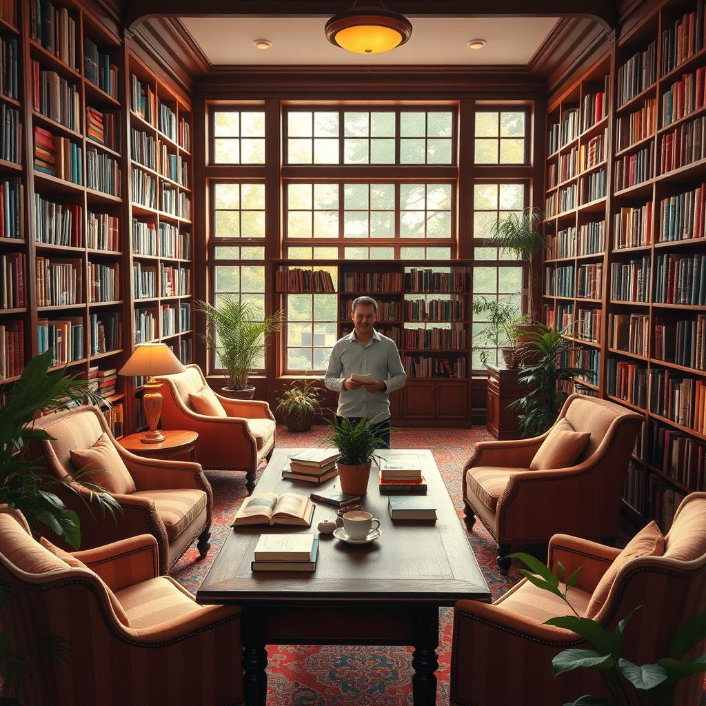 A cozy library interior filled with tall wooden bookshelves, overflowing with colorful books