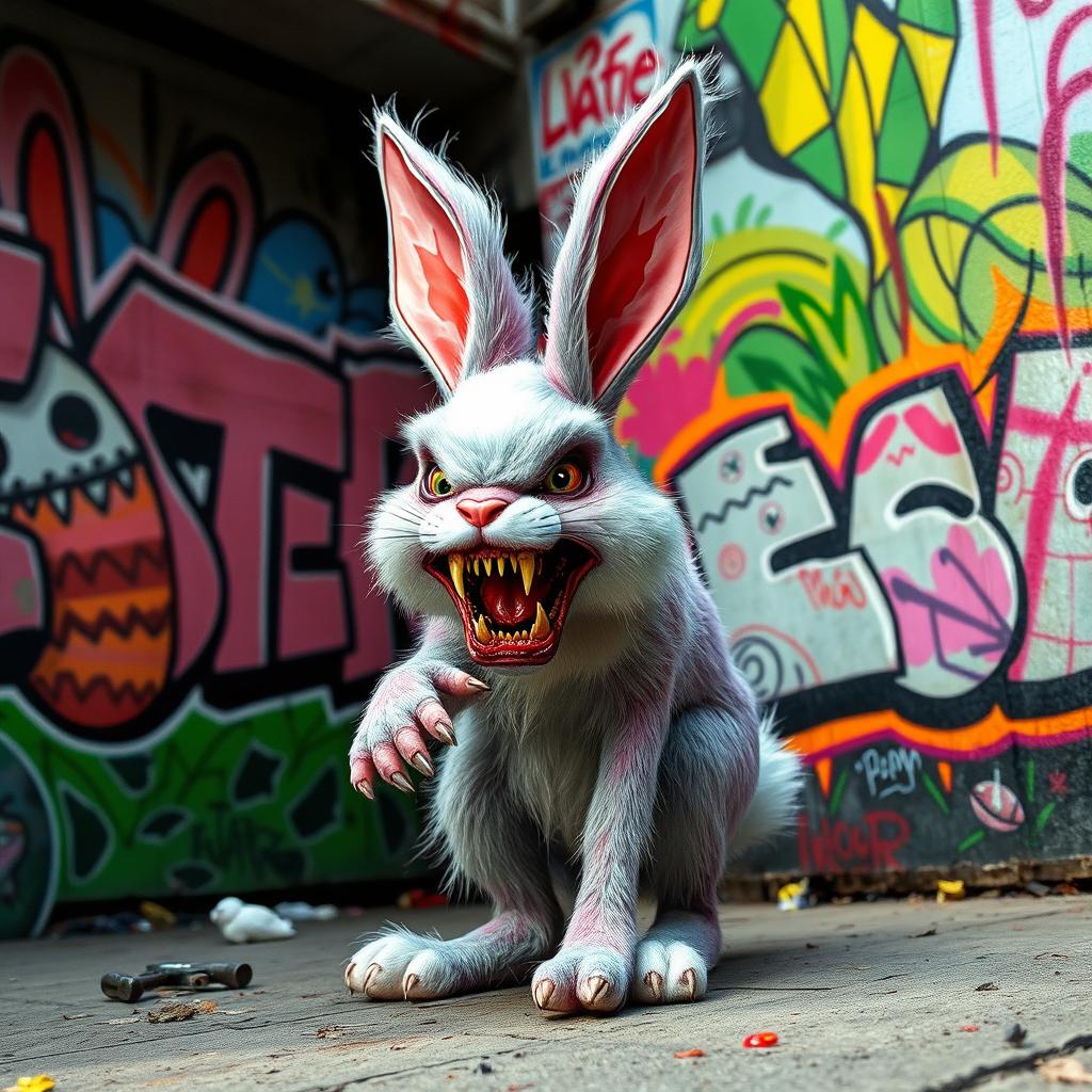 A bloodthirsty Easter Bunny with sharp teeth and fierce eyes, depicted as a menacing creature ready to pounce