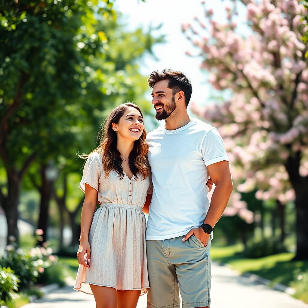 A digitally edited photo depicting a joyful couple standing side by side, sharing a happy moment together