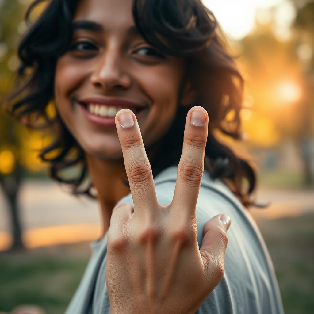 A close-up shot of a person playfully giving the middle finger on their shoulder while smiling