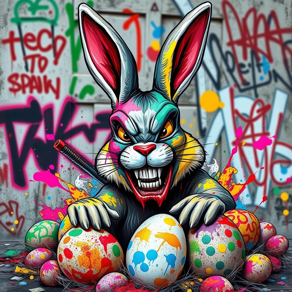A bloodthirsty Easter Bunny painted with vibrant spray paint, showcasing a mischievous smile and sharp teeth