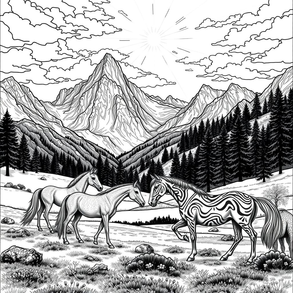 A captivating black and white coloring page designed for adults, featuring majestic horses grazing peacefully near towering mountains