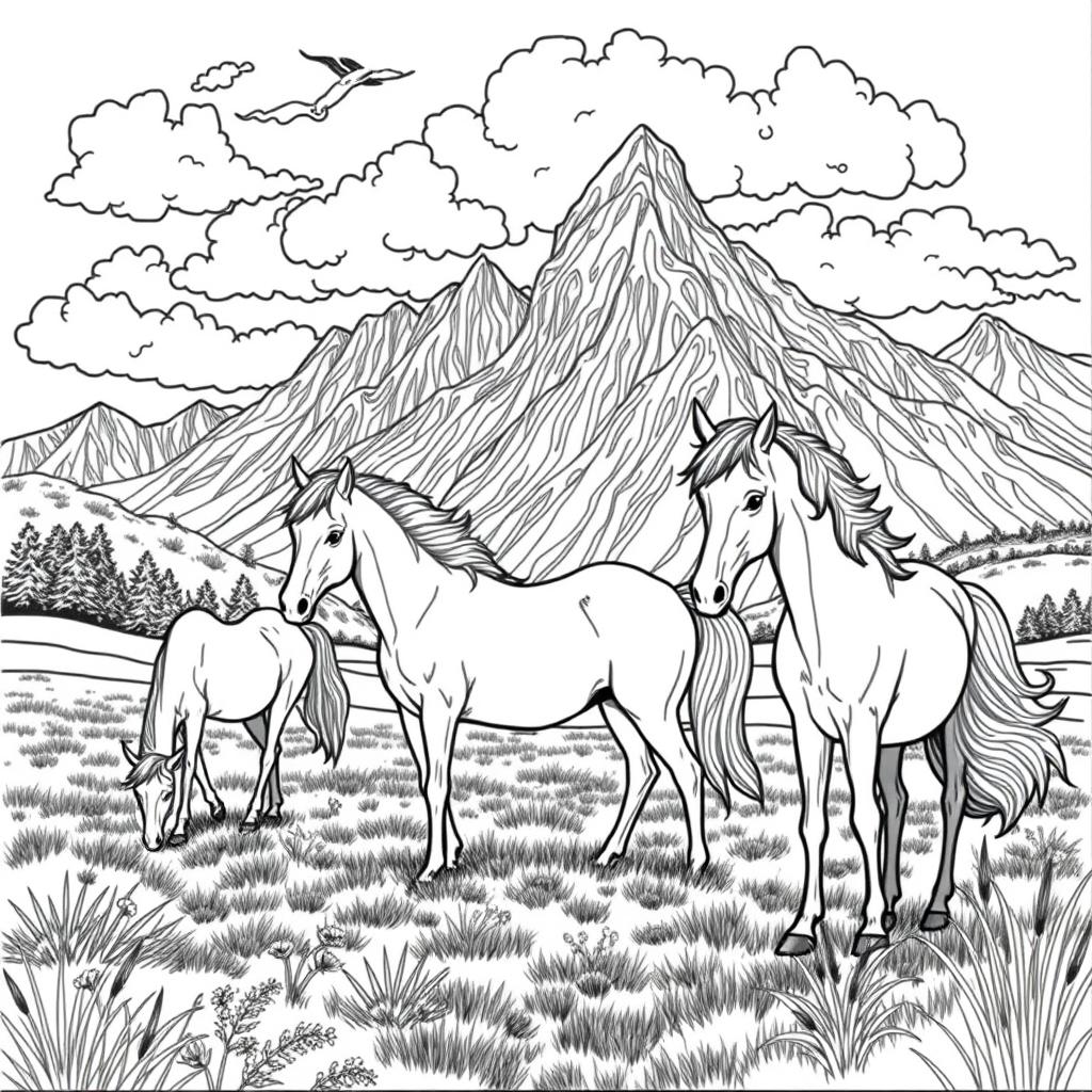 A serene and detailed black and white coloring page designed for adults, featuring majestic horses grazing peacefully in a lush green meadow near towering mountains in the background