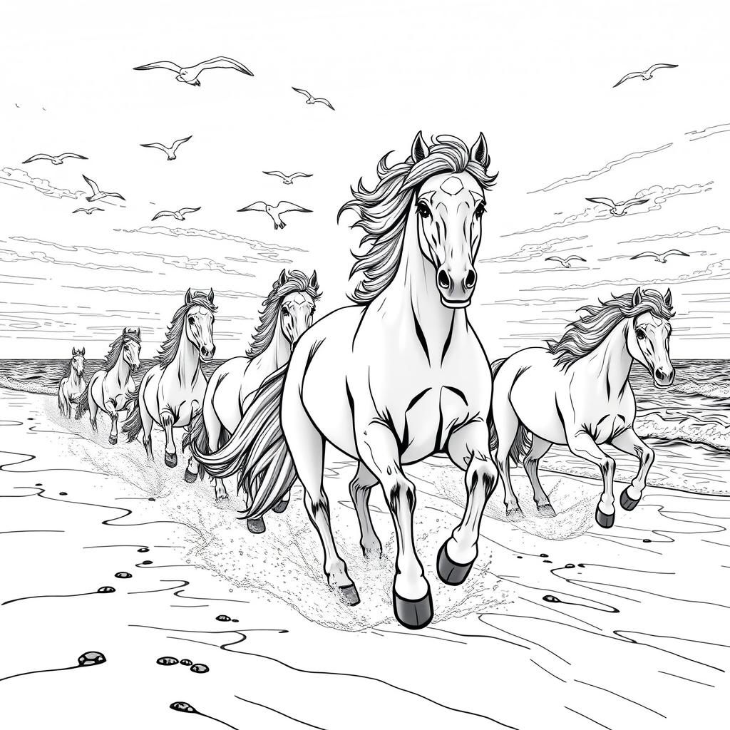 A detailed black and white coloring page designed for adults, featuring a stunning scene of horses galloping gracefully along a sandy seashore at sunset
