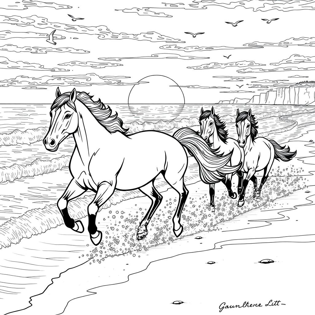 A serene black and white coloring page designed for adults featuring majestic horses running along a beautiful seashore at sunset