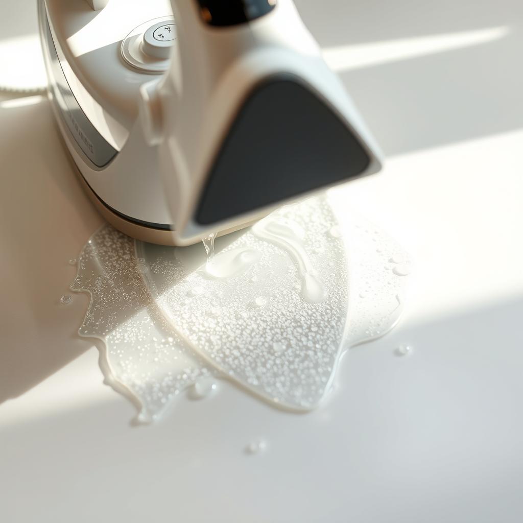 A steam iron placed face down on a clean, white surface, with water visibly leaking from the soleplate