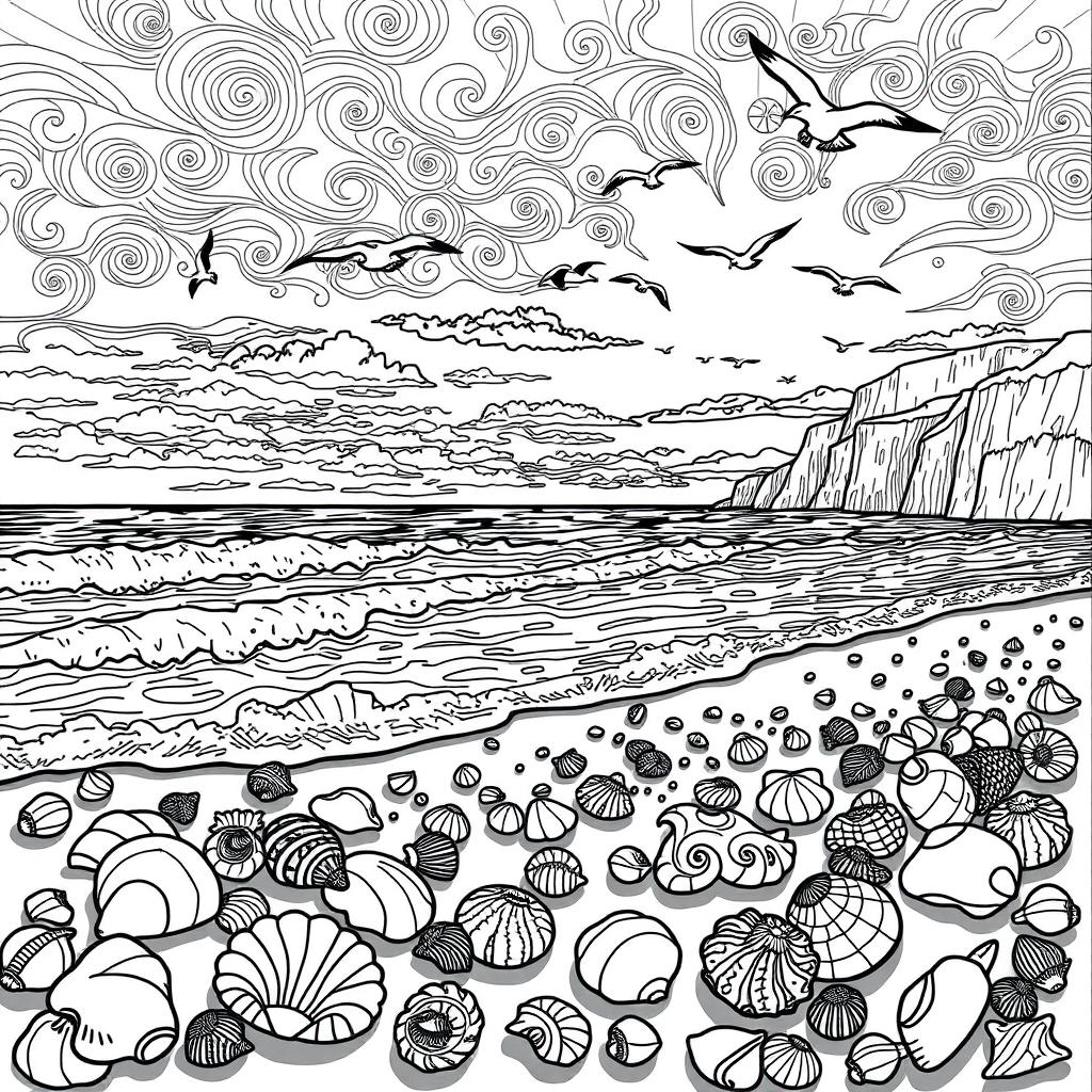 A beautifully intricate black and white coloring page designed for adults, featuring a serene seashore scene at sunset