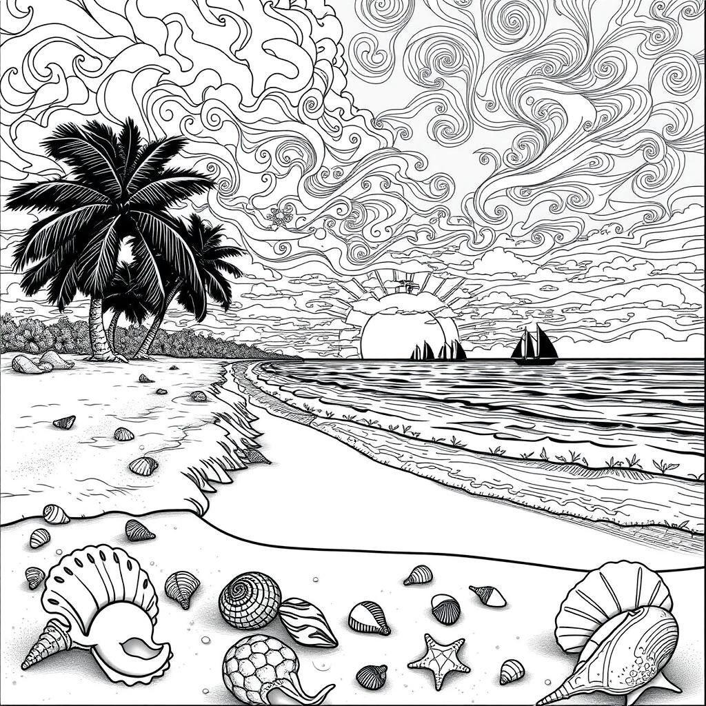 Intricate black and white coloring page designed for adults, depicting a serene seashore at sunset