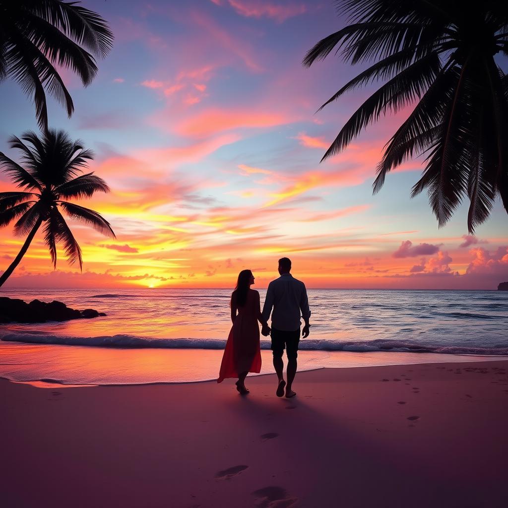 A stunning sunset over a tranquil beach, with vibrant orange, pink, and purple hues blending in the sky as the sun descends towards the horizon