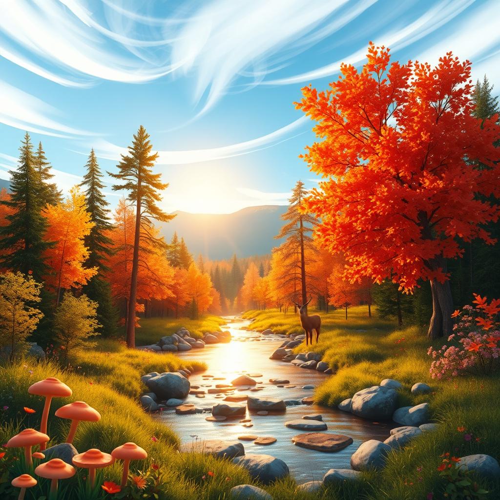 A serene and enchanting forest scene during autumn, featuring vibrant orange and red foliage