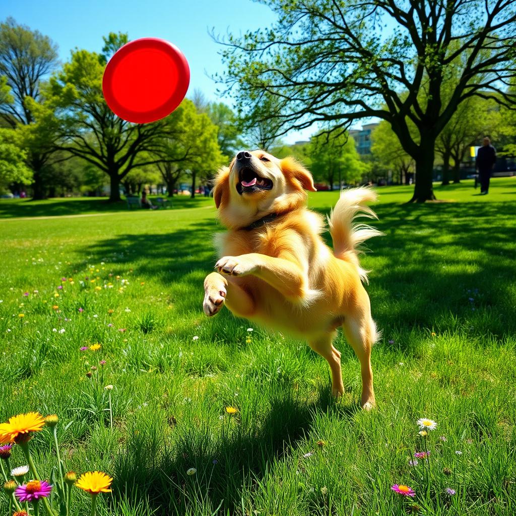 A joyful dog leaping through the air, catching a bright red frisbee in a sunny park