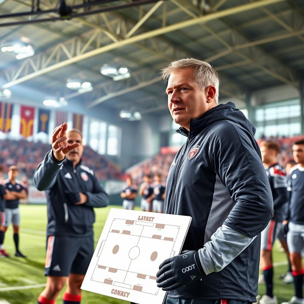 A realistic image of a football coach inside a sports pavilion, dressed in athletic gear, with a tactical board in hand discussing strategies with players