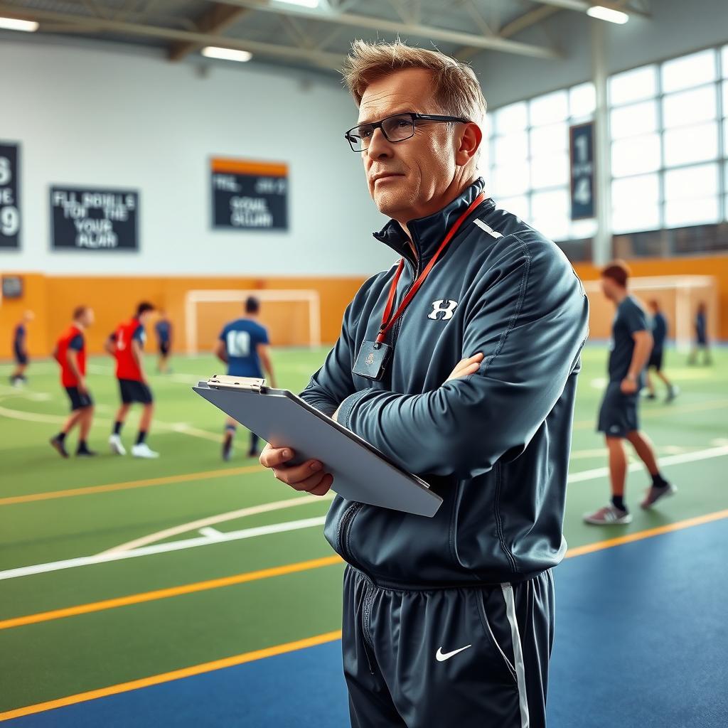 A realistic depiction of a football coach in a sports hall, standing confidently with a clipboard in hand