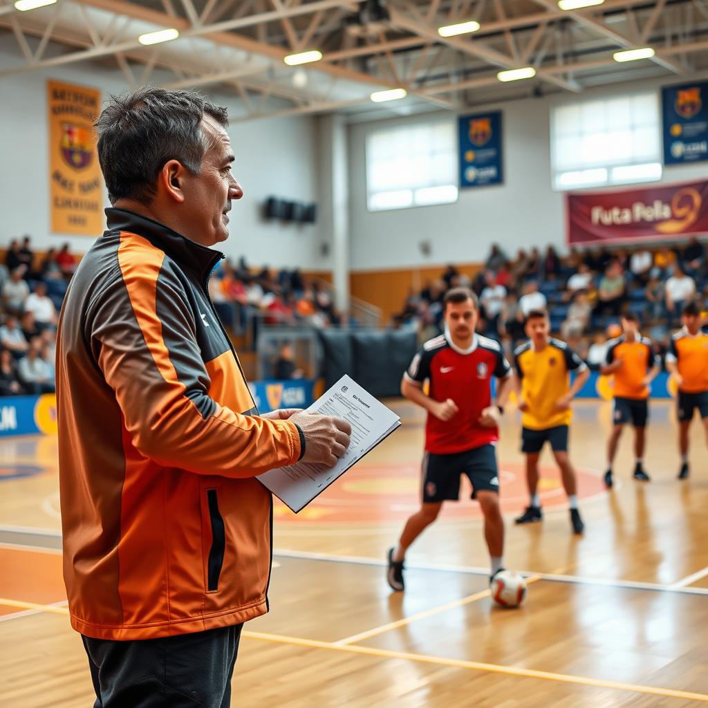 A realistic scene of a futsal coach in a sports hall, passionately instructing players during a training session