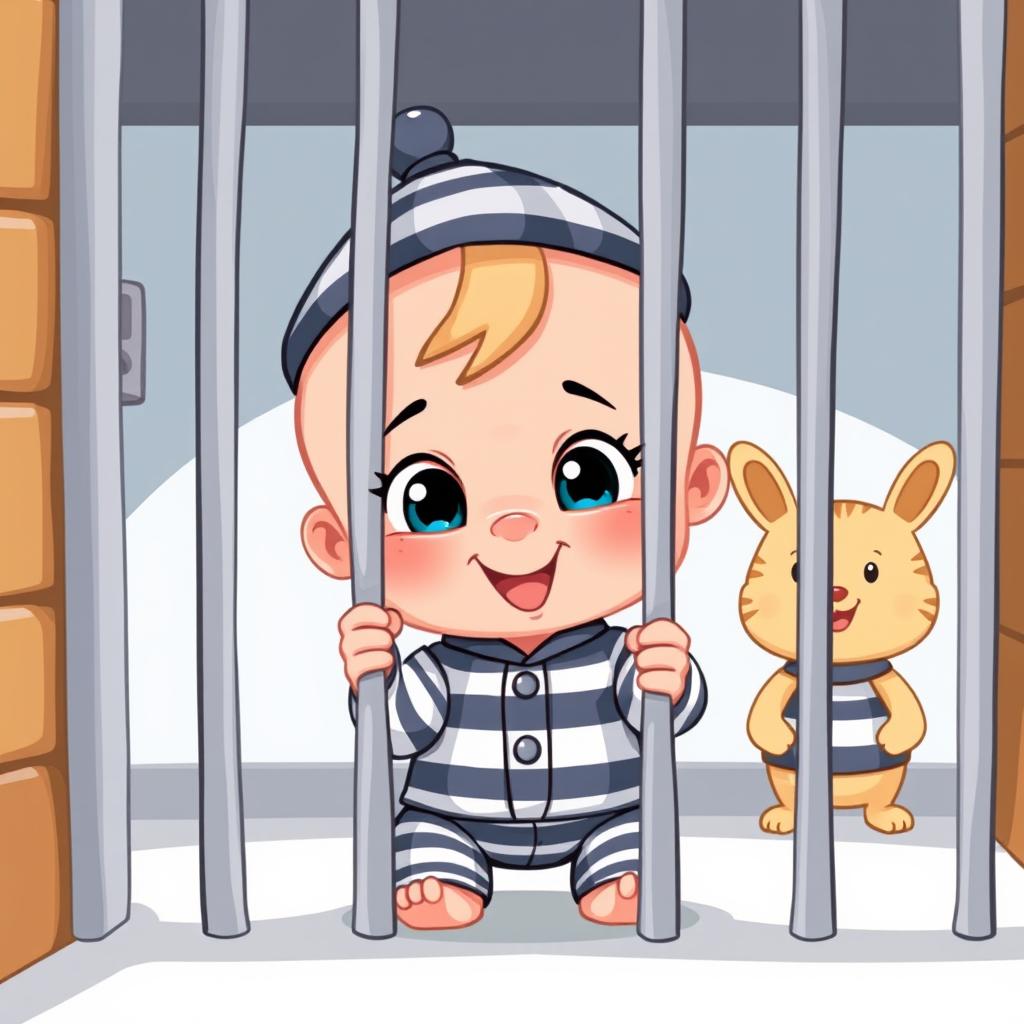 A whimsical illustration of a cartoon baby dressed in a playful jail outfit, complete with striped attire and a tiny cap