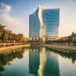 Futuristic buildings around the Mohammed VI Tower situated on the banks of the Bouregreg river in Rabat, Morocco, highlighting harmonious blending with the environment while featuring innovative designs.