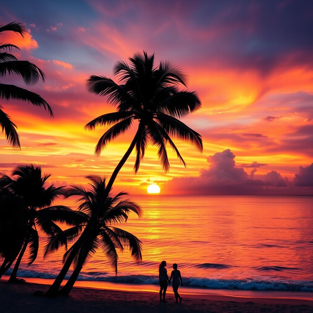 A stunning, vibrant landscape featuring a breathtaking sunset over a serene ocean