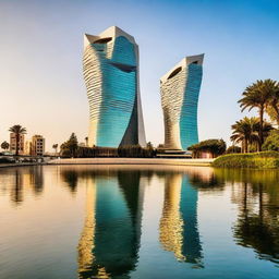 Futuristic buildings around the Mohammed VI Tower situated on the banks of the Bouregreg river in Rabat, Morocco, highlighting harmonious blending with the environment while featuring innovative designs.