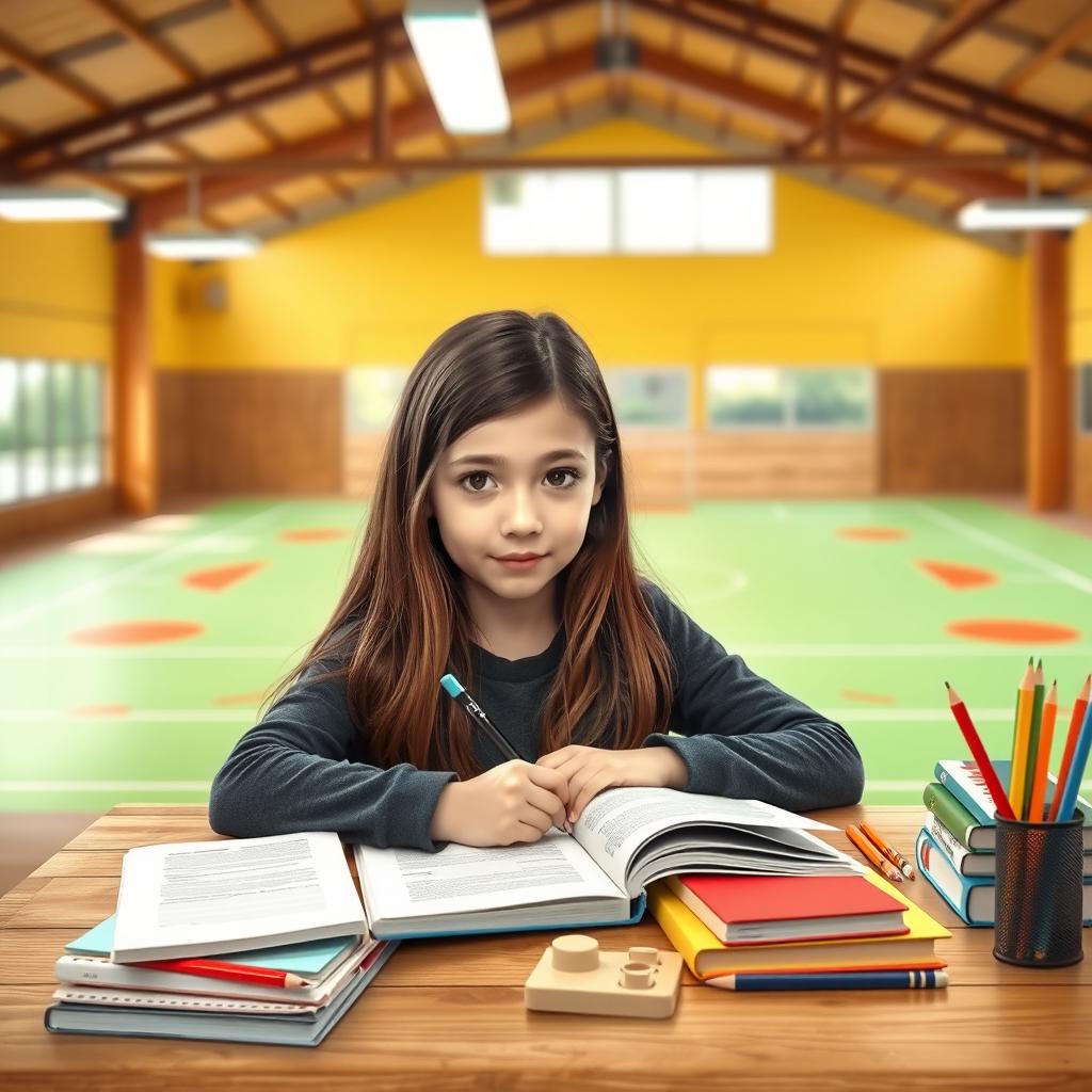 A realistic depiction of a young girl studying diligently at a futsal sports pavilion