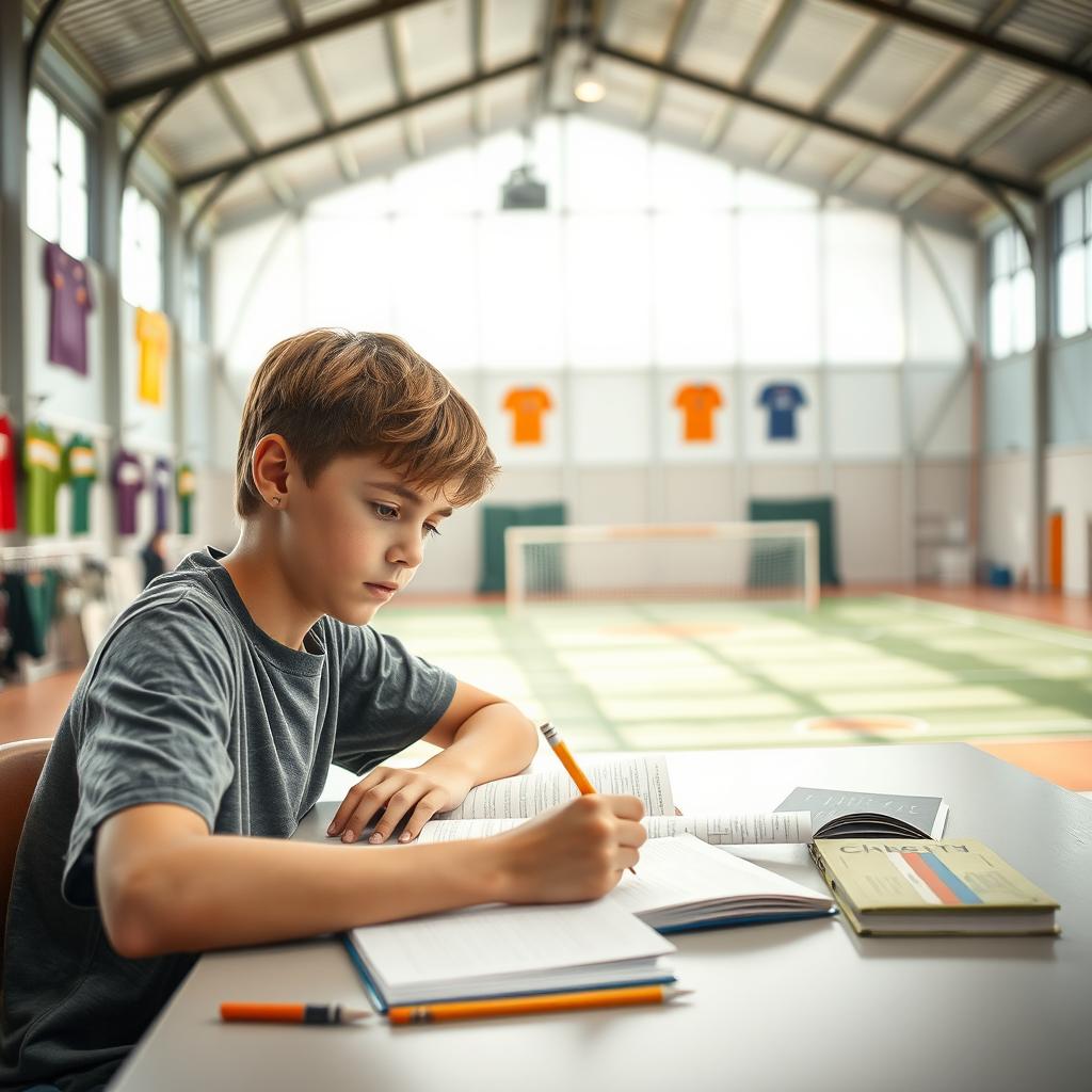 A realistic portrait of a young boy studying diligently in a sports futsal pavilion