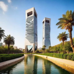 Futuristic buildings around the Mohammed VI Tower situated on the banks of the Bouregreg river in Rabat, Morocco, highlighting harmonious blending with the environment while featuring innovative designs.