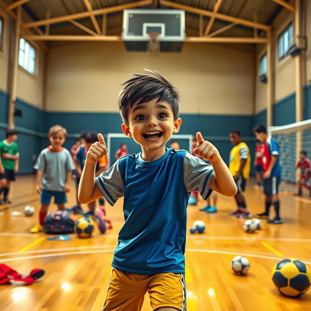 An imaginative and realistic depiction of a young child, perhaps around 10 years old, changing clubs in a futsal gymnasium
