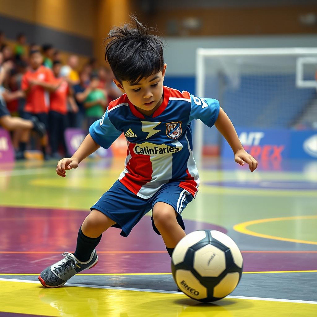 A realistic depiction of a young child playing futsal, wearing a half of a jersey from one club and half of another club's jersey, intensely engaged in the game