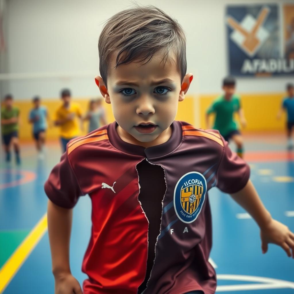 A realistic depiction of a child playing futsal, wearing two different club t-shirts that are being torn down the middle, capturing the intensity of the game