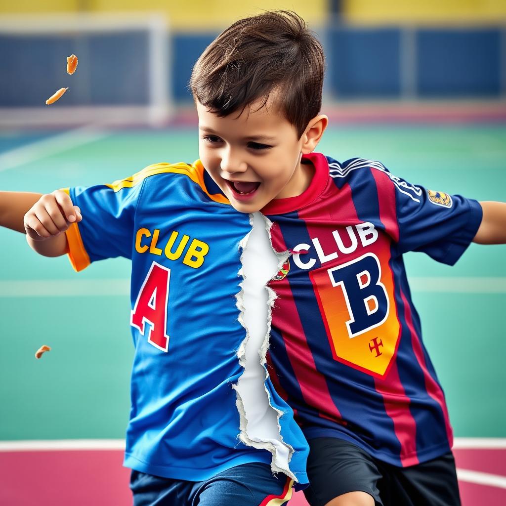 A realistic image of a child playing futsal, wearing two different club t-shirts that are being torn and damaged in the middle
