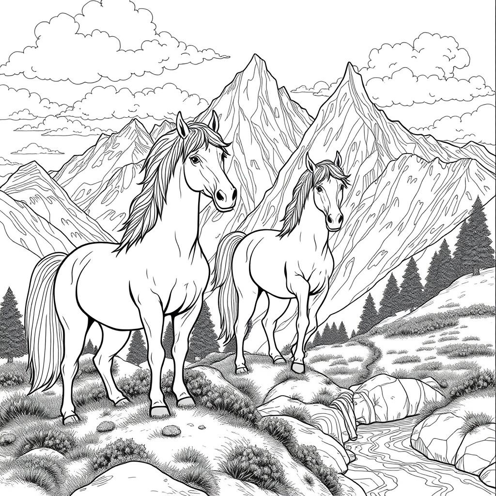 Intricate black and white coloring page featuring majestic horses standing gracefully on a hillside near towering mountains